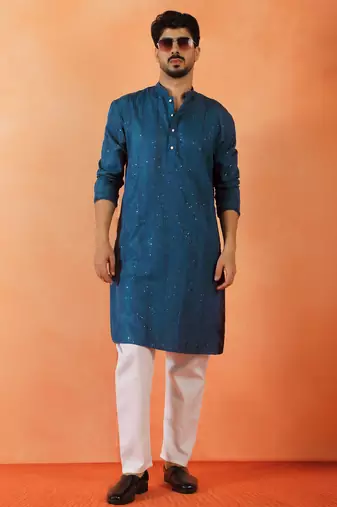 Cotton silk sequenced thread work blue kurta