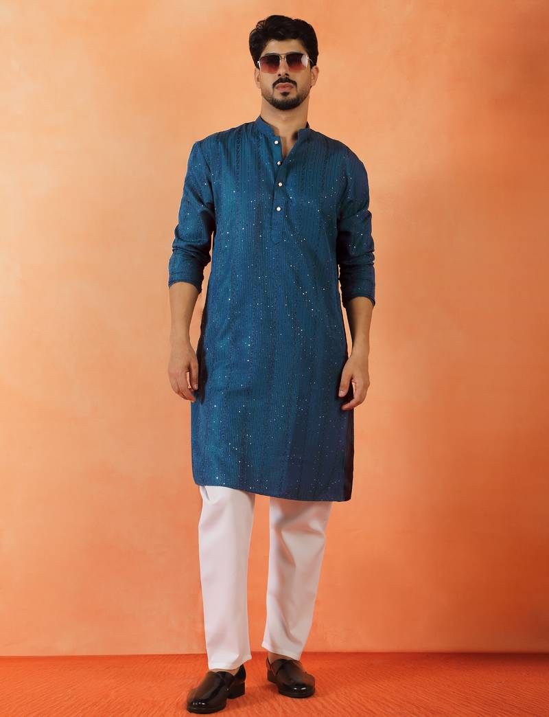 Cotton silk sequenced thread work blue kurta