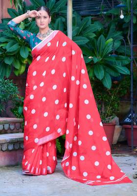 red cotton blend digital print saree (sfcl510) 4