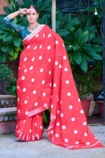 red cotton blend digital print saree