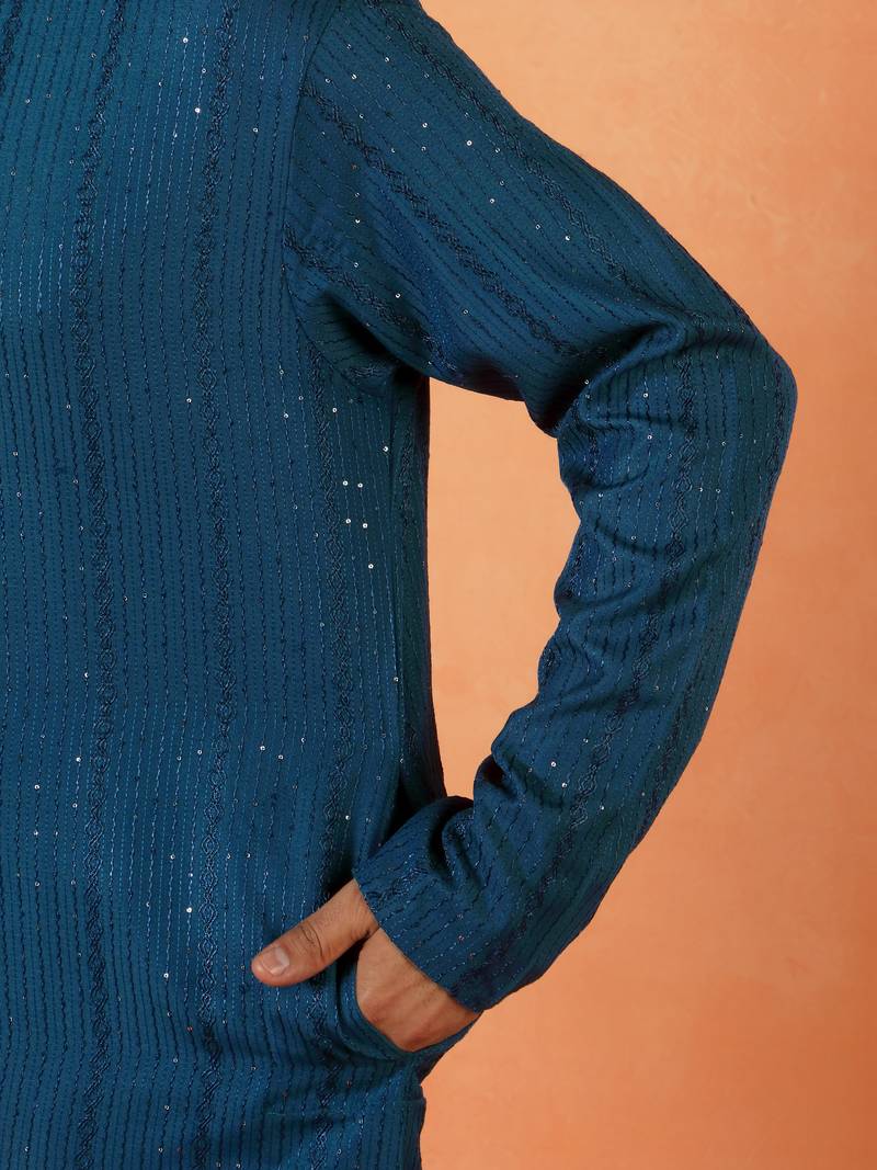 Cotton silk sequenced thread work blue kurta