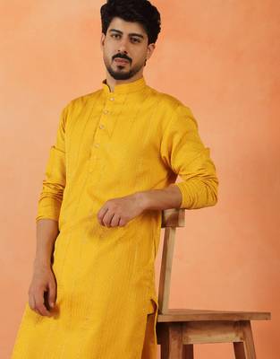 Cotton silk sequenced thread work yellow kurta 1
