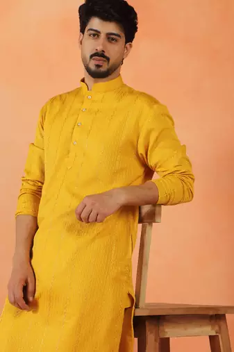 Cotton silk sequenced thread work yellow kurta