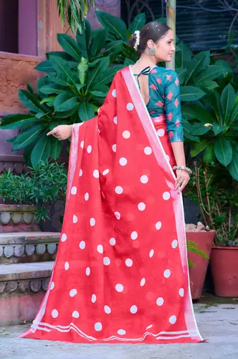 red cotton blend digital print saree