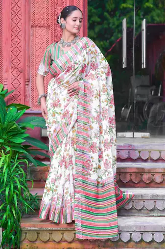 white green cotton blend saree with floral border print