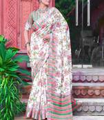 white green cotton blend saree with floral border print
