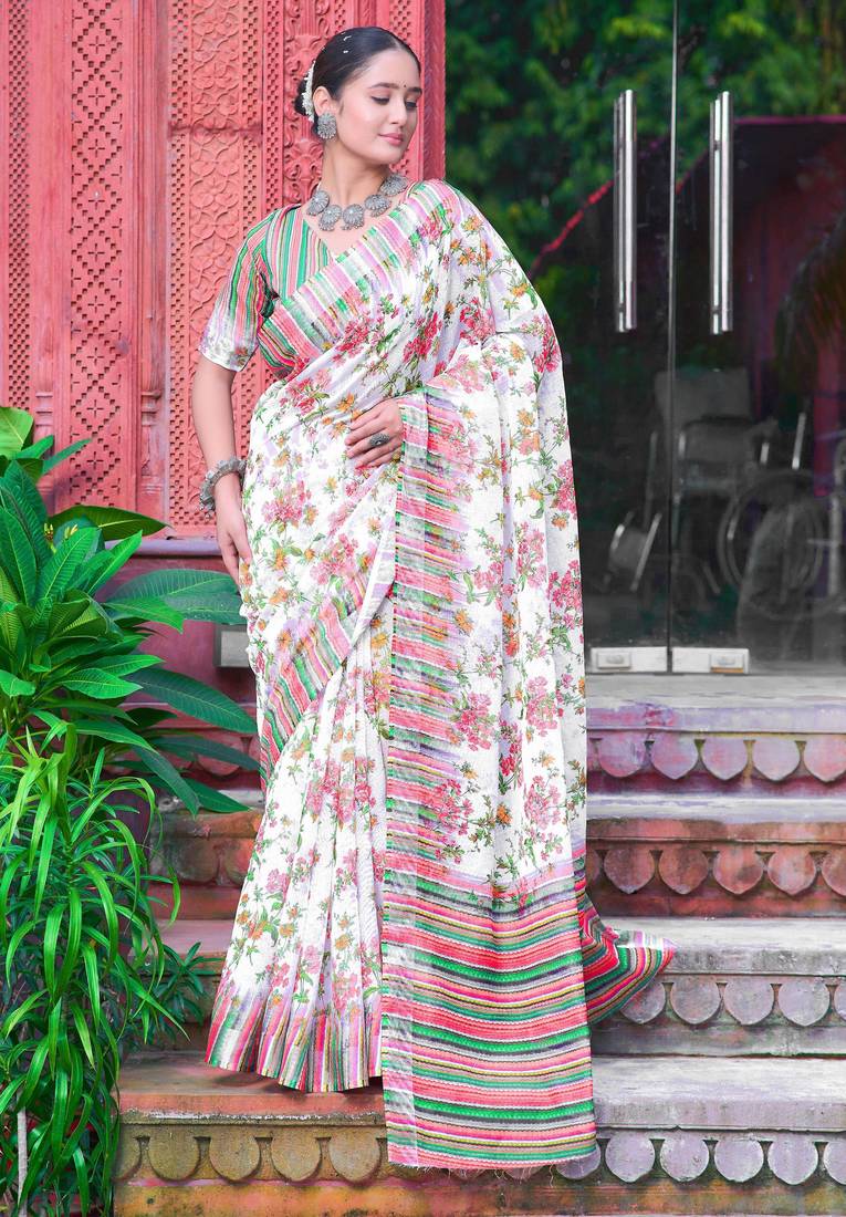 white green cotton blend saree with floral border print