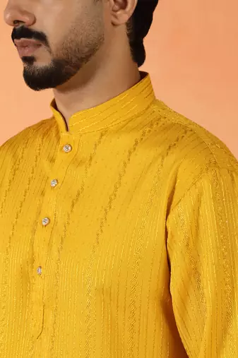 Cotton silk sequenced thread work yellow kurta