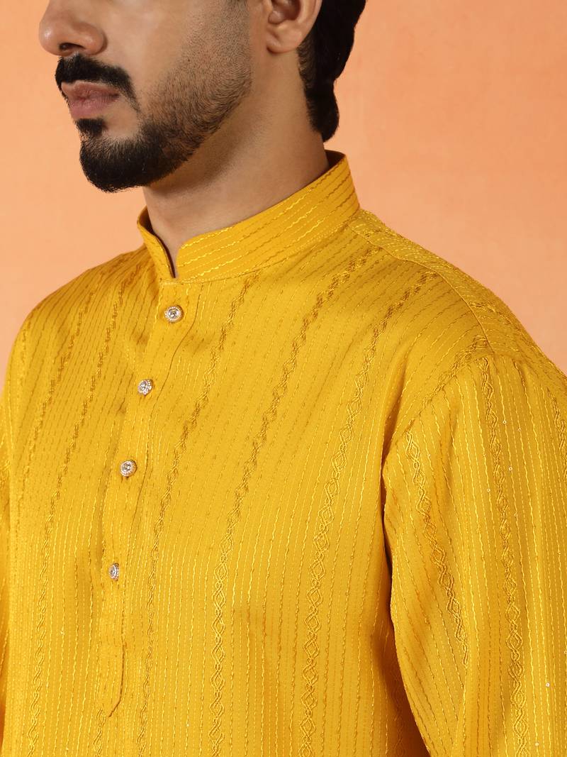 Cotton silk sequenced thread work yellow kurta