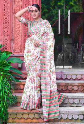 white green cotton blend saree with floral border print 2