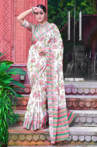 white green cotton blend saree with floral border print