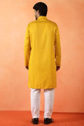 Cotton silk sequenced thread work yellow kurta