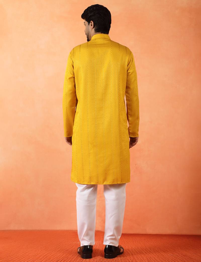 Cotton silk sequenced thread work yellow kurta