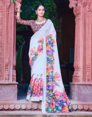 white multicolor cotton blend saree with floral print 1