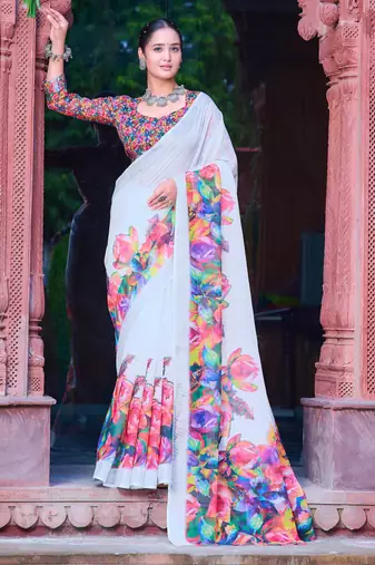 white multicolor cotton blend saree with floral print