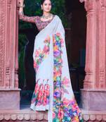 white multicolor cotton blend saree with floral print