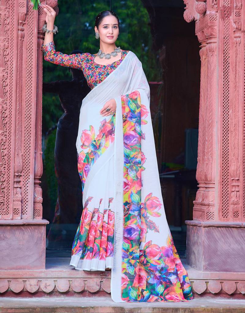 white multicolor cotton blend saree with floral print (sfcl508)