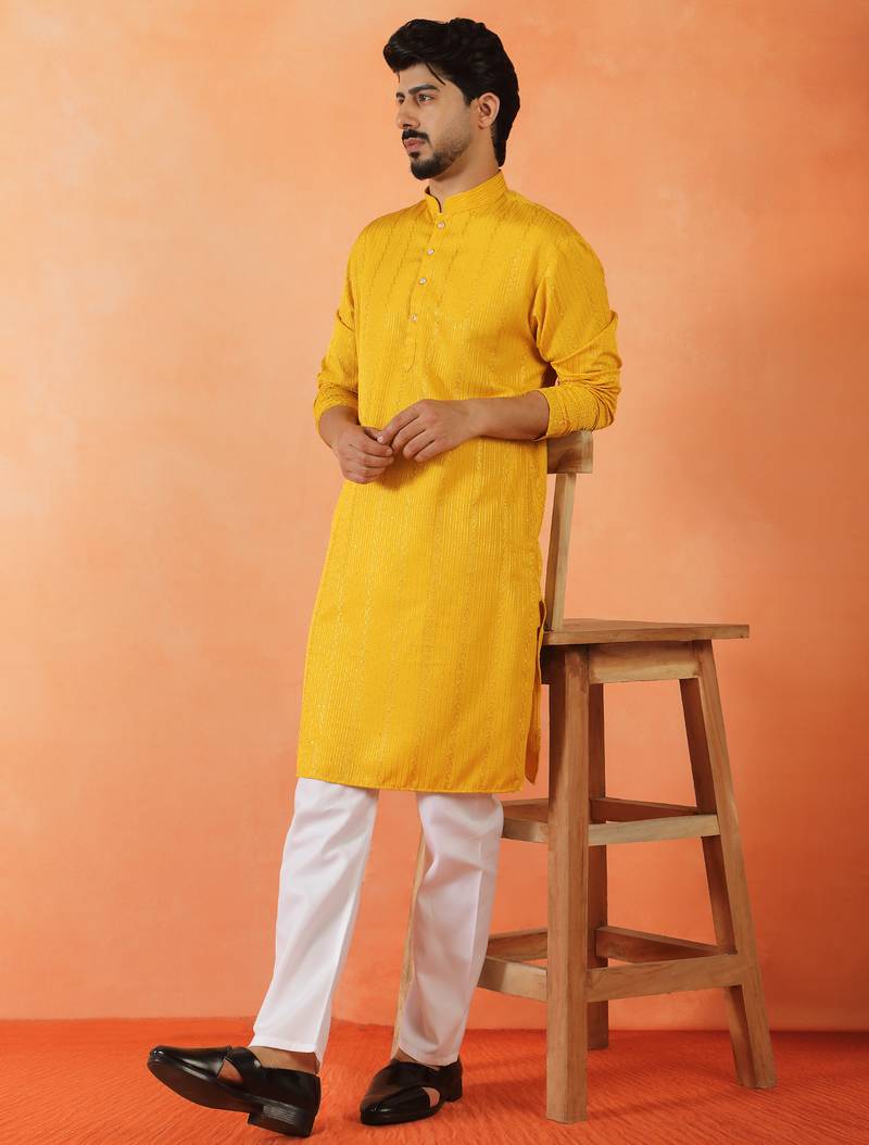 Cotton silk sequenced thread work yellow kurta