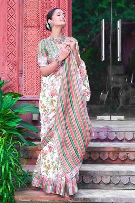 white green cotton blend saree with floral border print 3