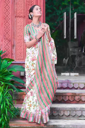 white green cotton blend saree with floral border print