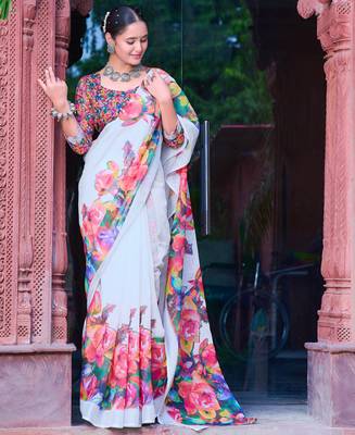 white multicolor cotton blend saree with floral print 2
