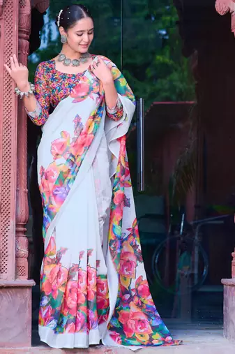 white multicolor cotton blend saree with floral print