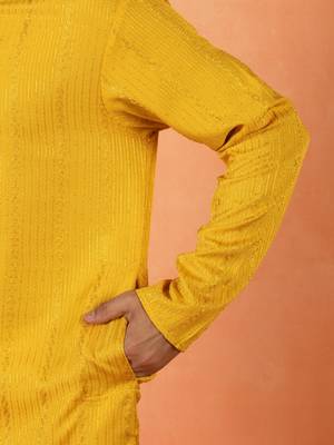 Cotton silk sequenced thread work yellow kurta 5