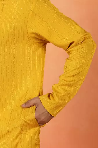 Cotton silk sequenced thread work yellow kurta