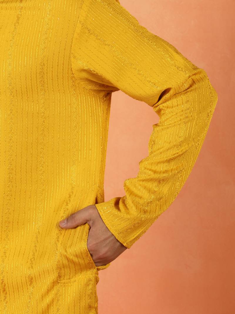 Cotton silk sequenced thread work yellow kurta