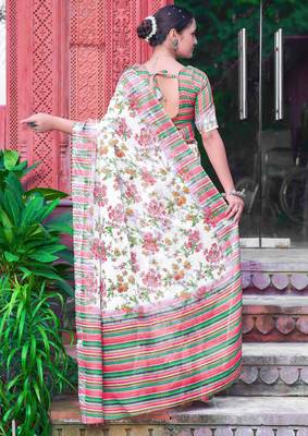 white green cotton blend saree with floral border print 4