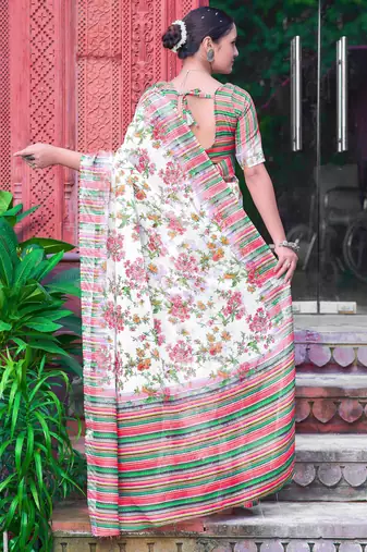 white green cotton blend saree with floral border print