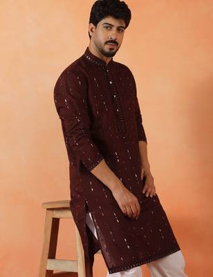 Cotton silk sequenced & embroidered maroon kurta 1