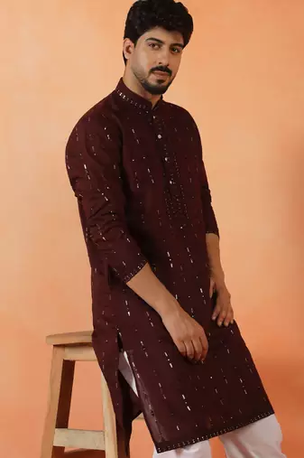 Cotton silk sequenced & embroidered maroon kurta