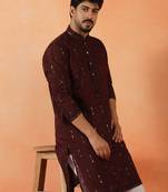 Cotton silk sequenced & embroidered maroon kurta