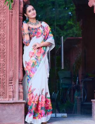 white multicolor cotton blend saree with floral print 3