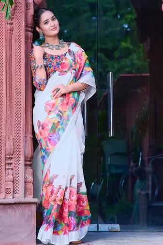 white multicolor cotton blend saree with floral print