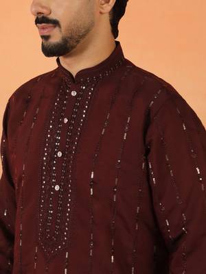 Cotton silk sequenced & embroidered maroon kurta 2