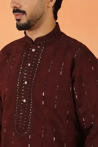Cotton silk sequenced & embroidered maroon kurta