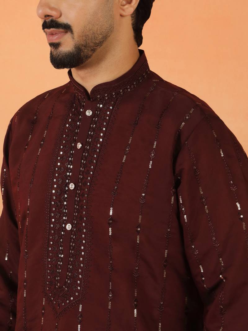 Cotton silk sequenced & embroidered maroon kurta