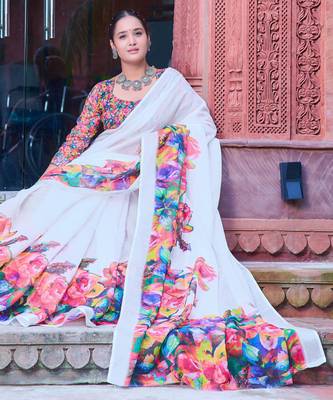 white multicolor cotton blend saree with floral print 4
