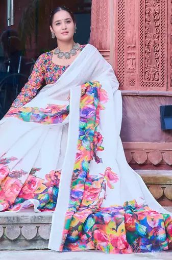 white multicolor cotton blend saree with floral print