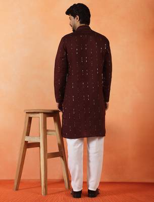 Cotton silk sequenced & embroidered maroon kurta 3