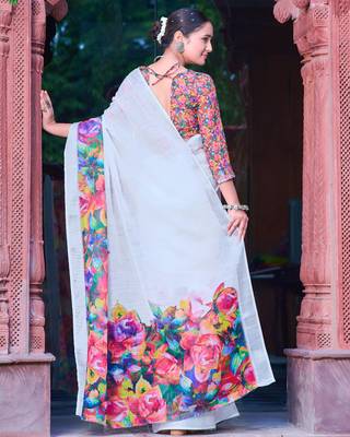 white multicolor cotton blend saree with floral print 5