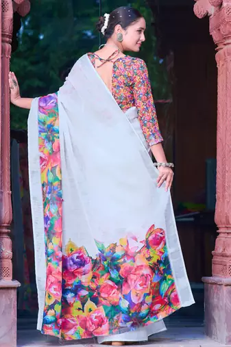white multicolor cotton blend saree with floral print