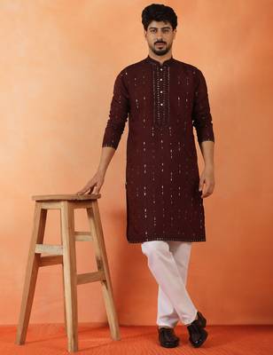 Cotton silk sequenced & embroidered maroon kurta 4