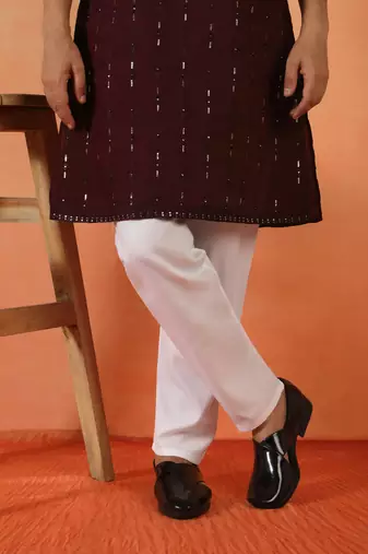 Cotton silk sequenced & embroidered maroon kurta
