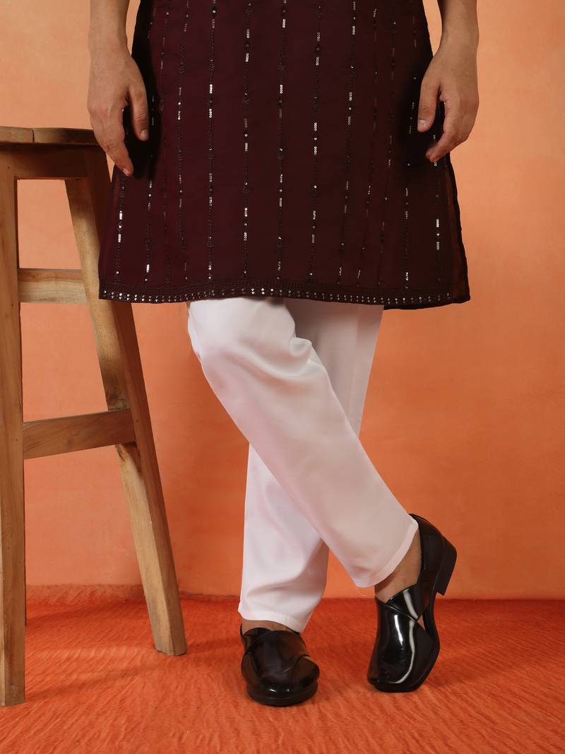 Cotton silk sequenced & embroidered maroon kurta