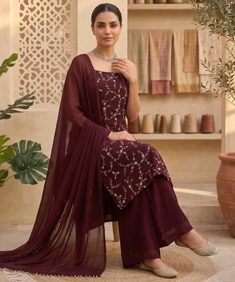 Wine embroidered sharara suit set with dupatta 3