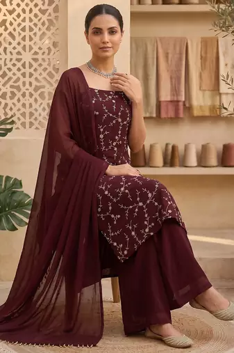 Wine embroidered sharara suit set with dupatta