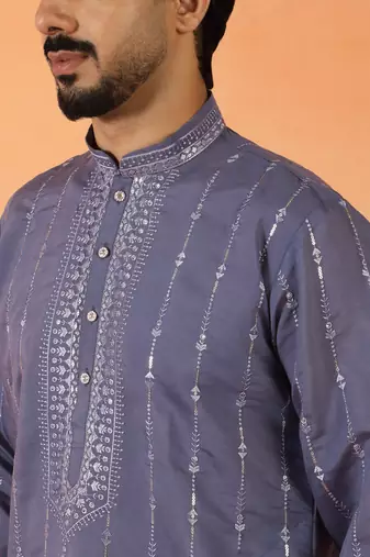 Cotton silk sequenced & embroidered purple kurta